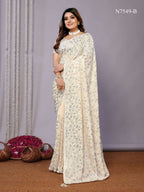 White Pure Georgette Embroidered Saree With Stitched Blouse - Nimaya Kaksha | Grocsy