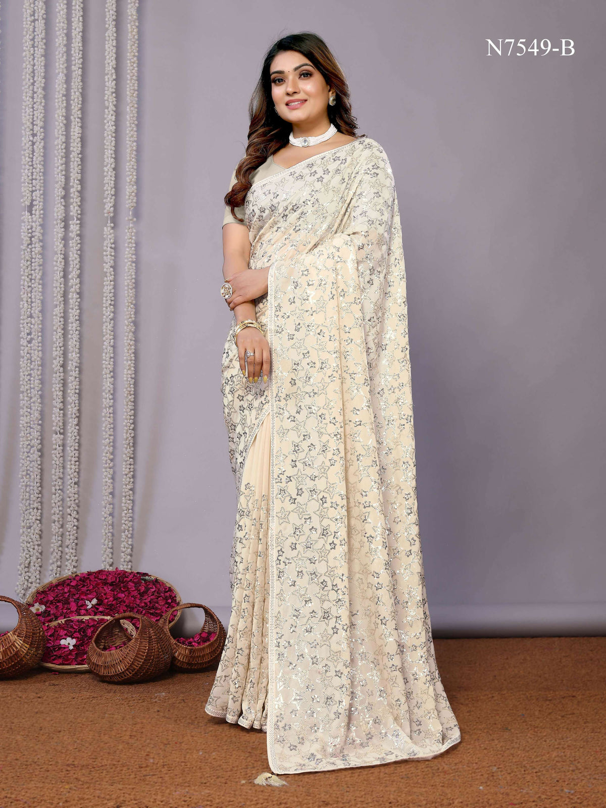 White Pure Georgette Embroidered Saree With Stitched Blouse - Nimaya Kaksha | Grocsy
