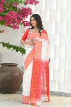 Beatitude White Slub Cotton Floral Jamdani Saree | Grocsy