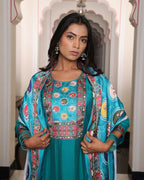 Jyoti Fashion Women's Teal Viscos Simmer Hand Work with Floral Printed Kurta Set | Grocsy