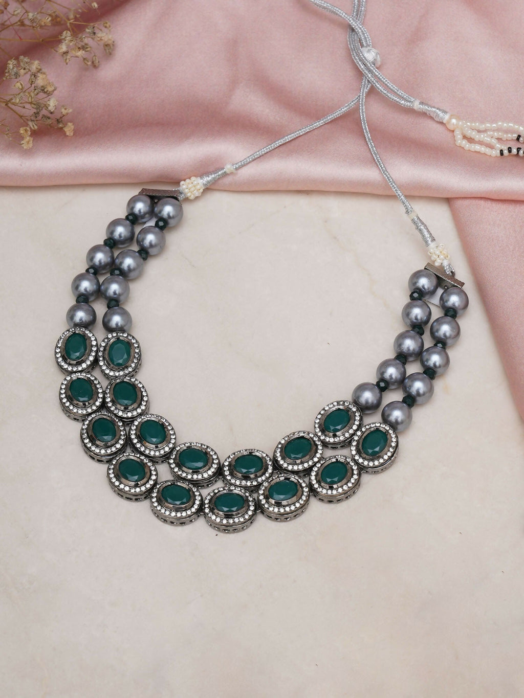Green Stone Kundan Neckpiece with Grey Stones (Grey) - Ruby Raang | Grocsy