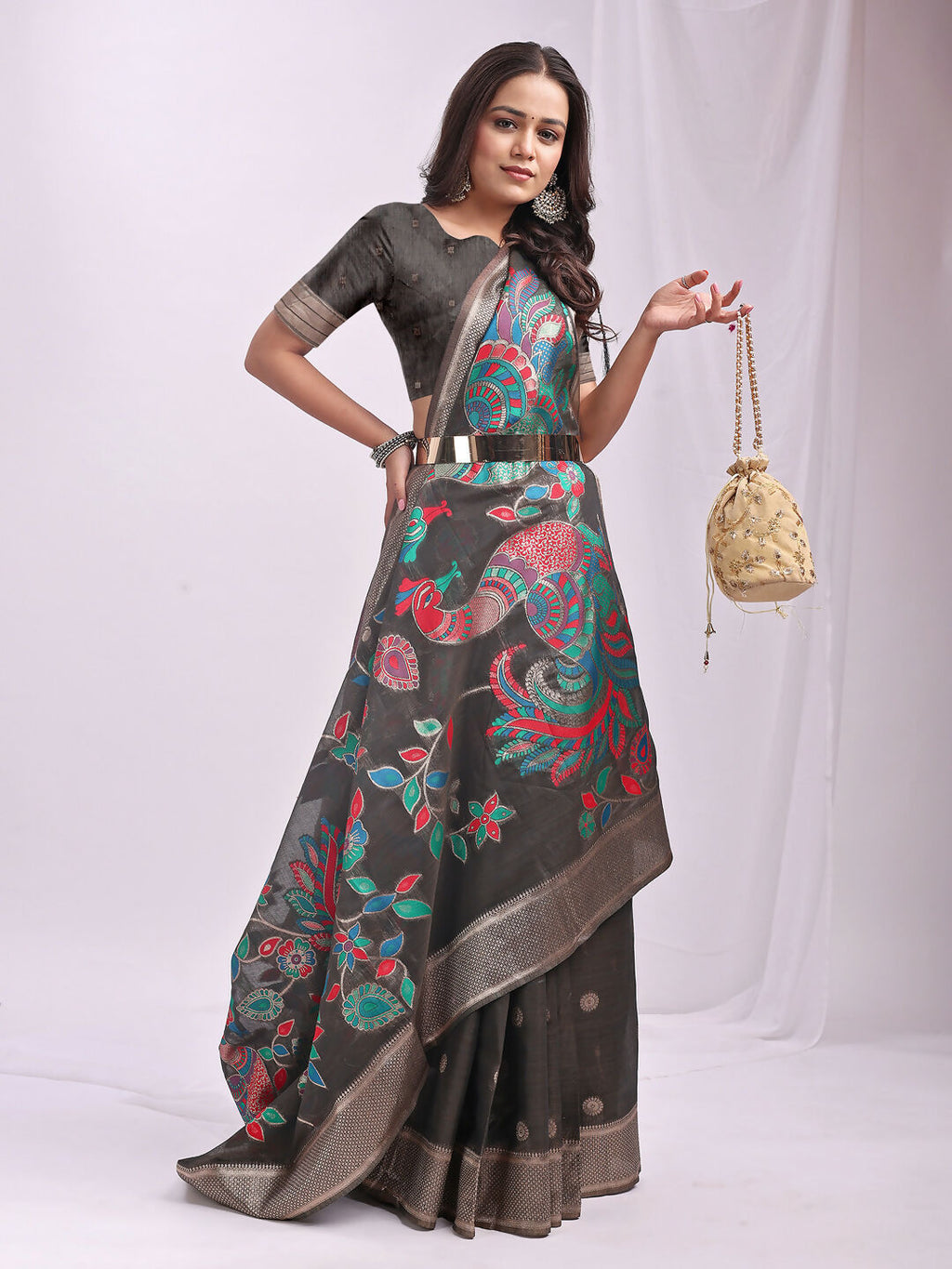 Shree Shyam Fashion Linen Cotton Grey Saree | Grocsy