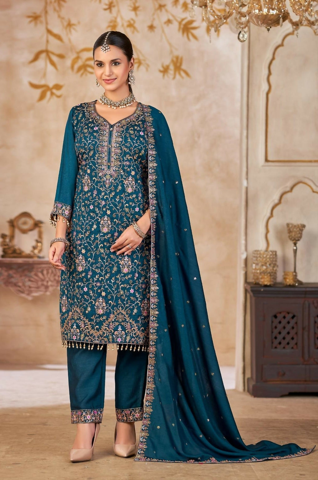 Anaita Blue Vichitra Silk Readymade Suit with Embroidery & Lace Work | Grocsy