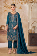 Anaita Blue Vichitra Silk Readymade Suit with Embroidery & Lace Work | Grocsy