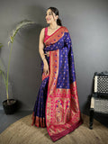 Joban Fashion Royal Blue Intricate Motifs Soft Silk Banarasi Saree | Grocsy