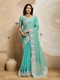 Teeya Creation New Trendy Wedding Special Party Wear Soft Nxc Moss Chiffon Saree-Aqua_Blue | Grocsy