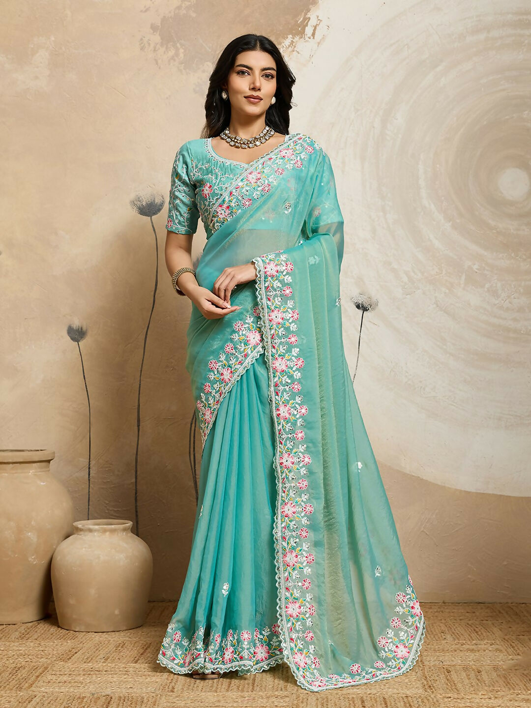 Teeya Creation New Trendy Wedding Special Party Wear Soft Nxc Moss Chiffon Saree-Aqua_Blue | Grocsy