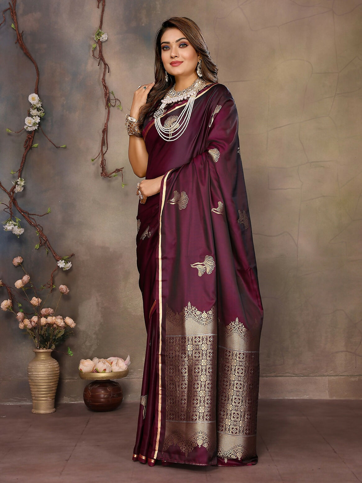 Joban Fashion Maroon Floral Motifs Banarasi Silk Sarees | Grocsy