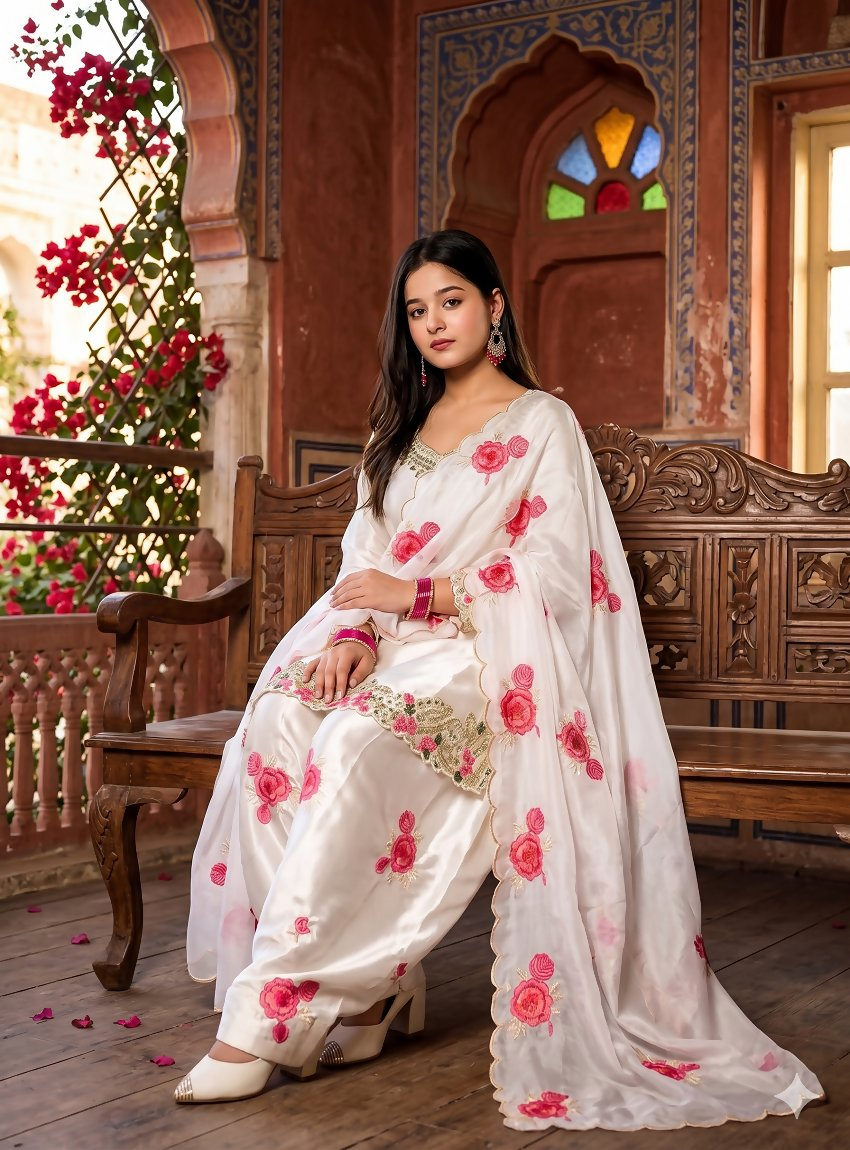 Teeya Creation Off-White Patiala Salwar Suit With Floral Embroidery | Grocsy