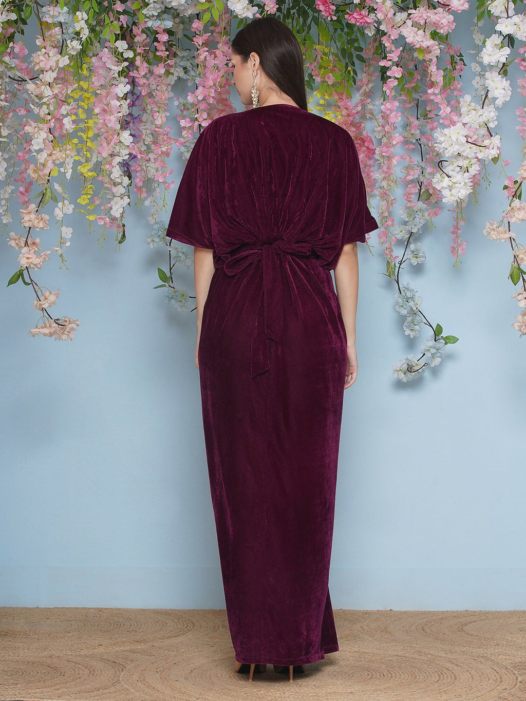 Joban Fashion Wine Hand Embellished Velvet Gown With Belt | Grocsy
