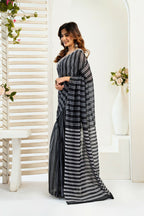 Vastranavya Black Digital Printed Linen Ready To Wear Designer Saree with Unstitched Blouse | Grocsy