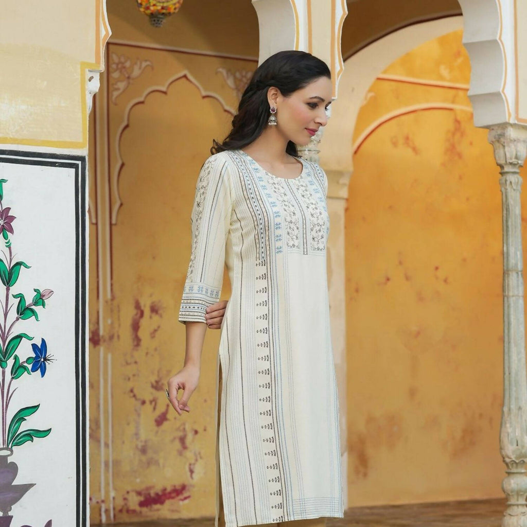 Juniper Women's Off-White Rayon Printed Straight Kurta | Grocsy