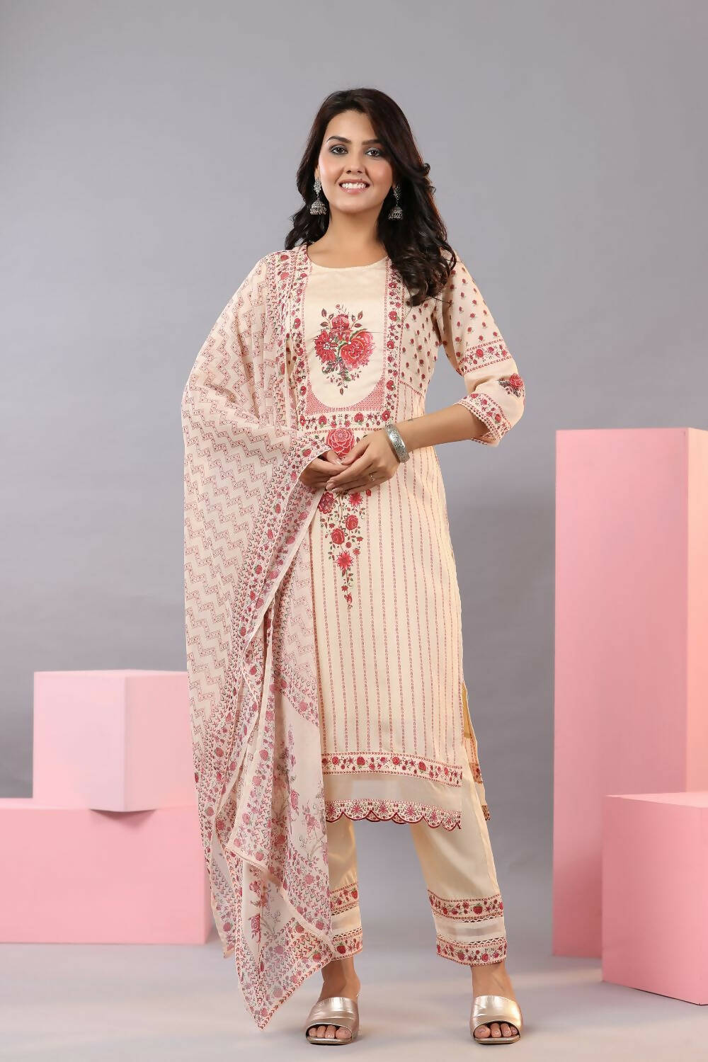 Juniper Women Ecru Muslin Floral Printed Kurta, Pants and Dupatta Set | Grocsy