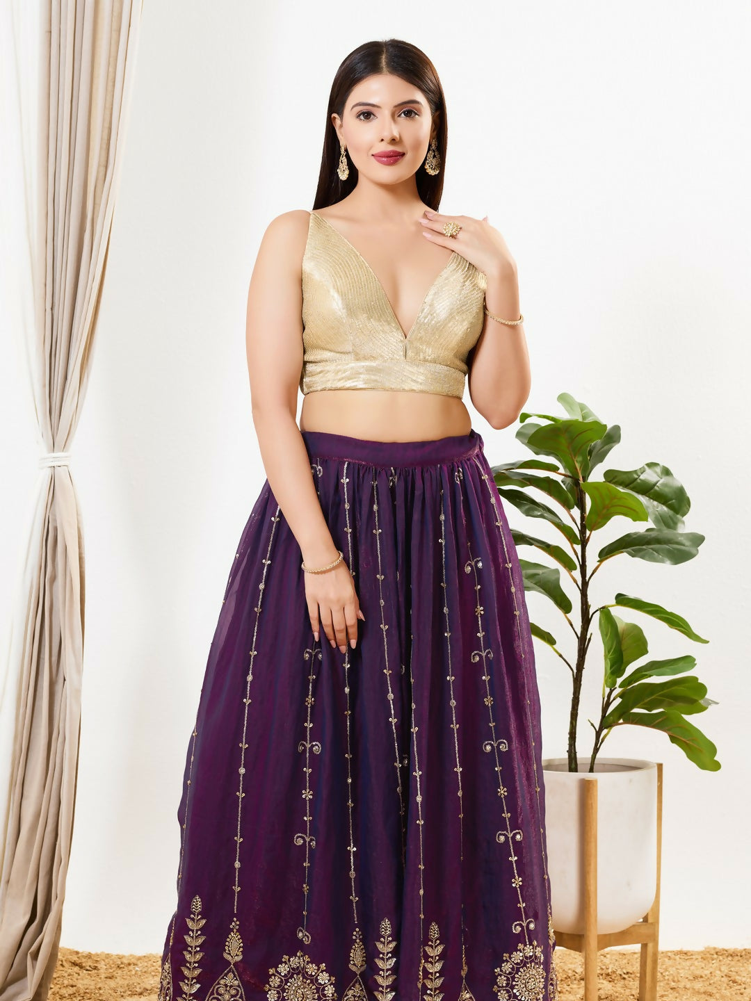 Joban Fashion Antique Gold Sequins Padded Blouse With V Neck Sleeveless | Grocsy