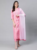 Ahalyaa Women Light Pink Colour Pure Cotton Printed Kurta Pant Set With Dupatta | Grocsy