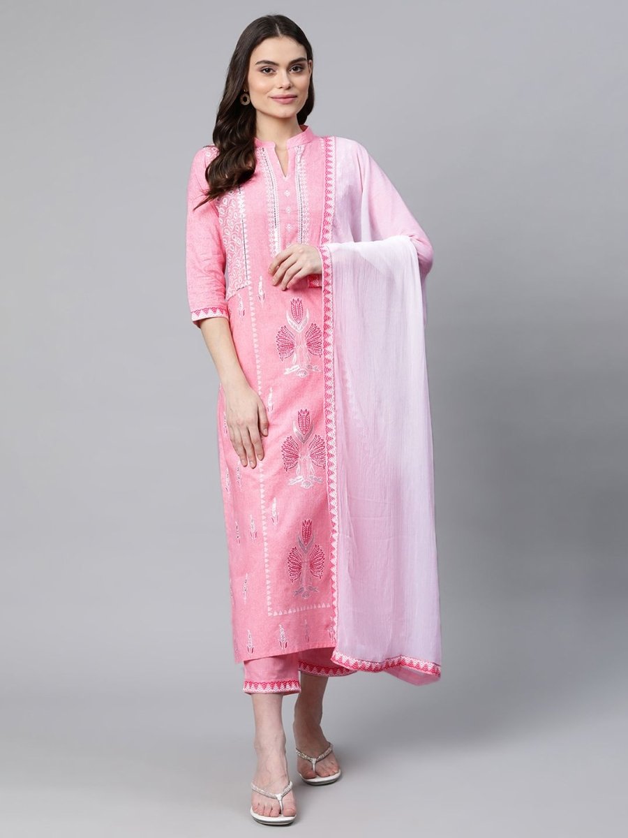 Ahalyaa Women Light Pink Colour Pure Cotton Printed Kurta Pant Set With Dupatta | Grocsy