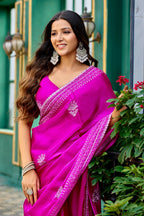 Vastranavya Pink Embroidery Work Shimmer Chiffon Saree with Unstitched Blouse | Grocsy