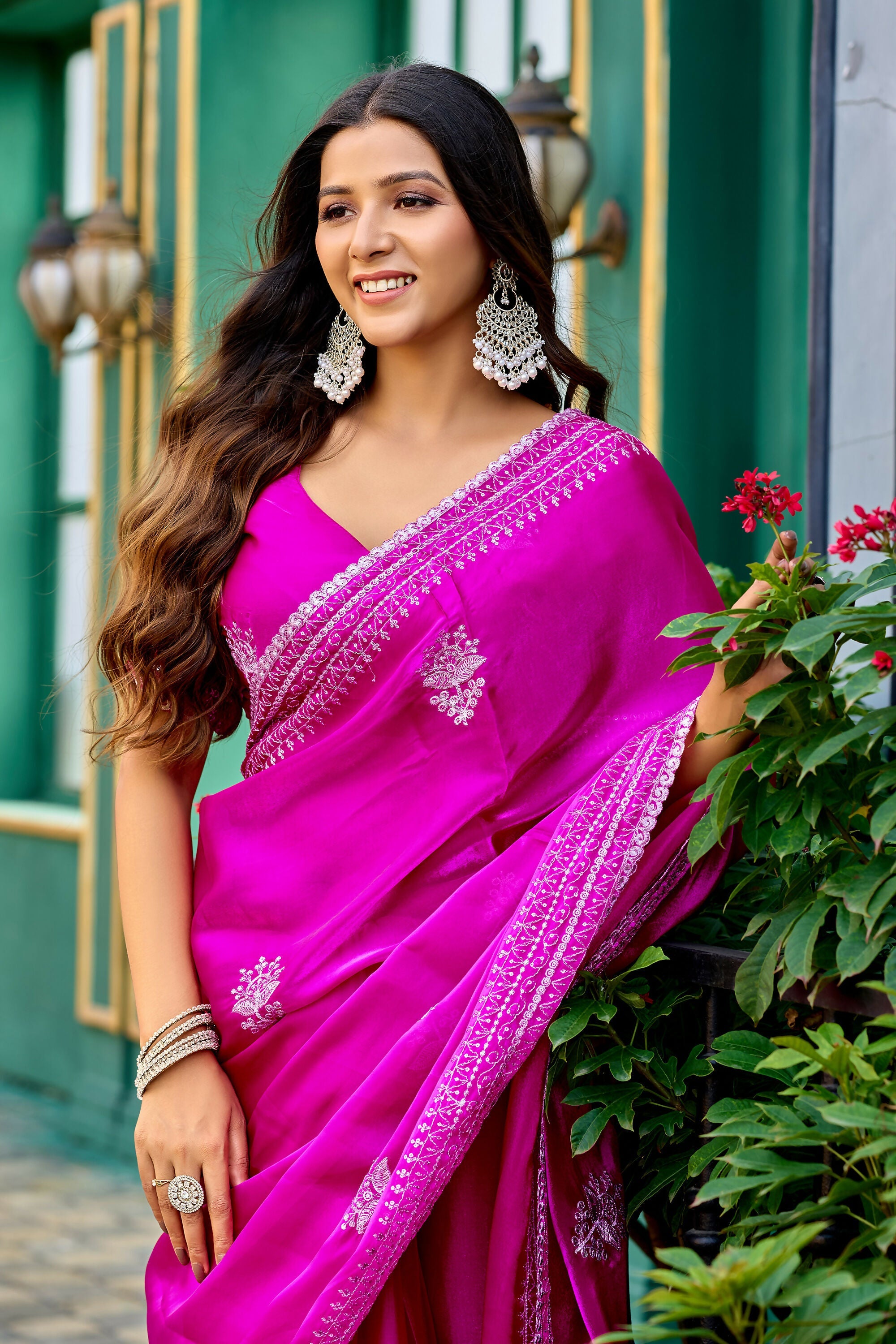 Vastranavya Pink Embroidery Work Shimmer Chiffon Saree with Unstitched Blouse | Grocsy