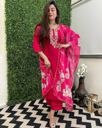 The52 Rani Women's Beautiful Viscose Chanderi Fabric Embroidered Work Straight Kurta Pant and Dupatta Set | Grocsy