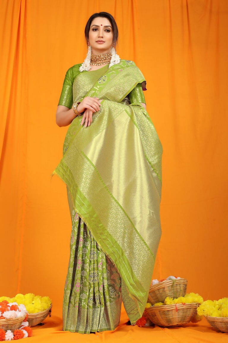 Jyoti Fashion Women's Green Kanjivaram Silk Zari Woven Saree with Blouse | Grocsy