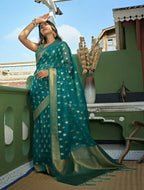 Delightful Designer Turquoise Color Organza Silk Saree With Weaving Work - Yomika Fashions | Grocsy