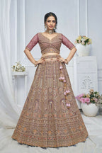 Kesar Fab Onion-Pink Net Embroidered Lehenga | Grocsy