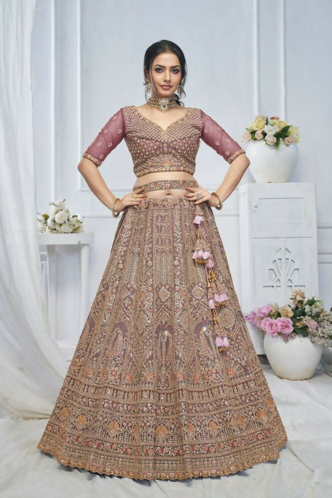 Kesar Fab Onion-Pink Net Embroidered Lehenga | Grocsy