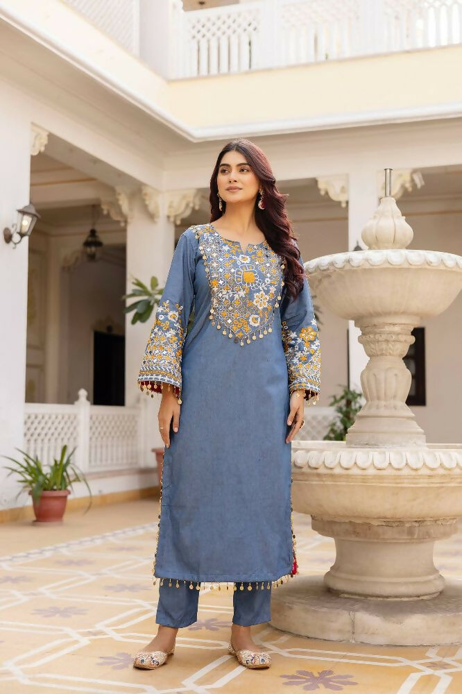 Teeya Creation Blue Color Cotton Denim Party Wear Real Mirror Work kurti | Grocsy