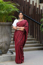 Beatitude Maroon Khadi Ghicha Stripes Saree | Grocsy