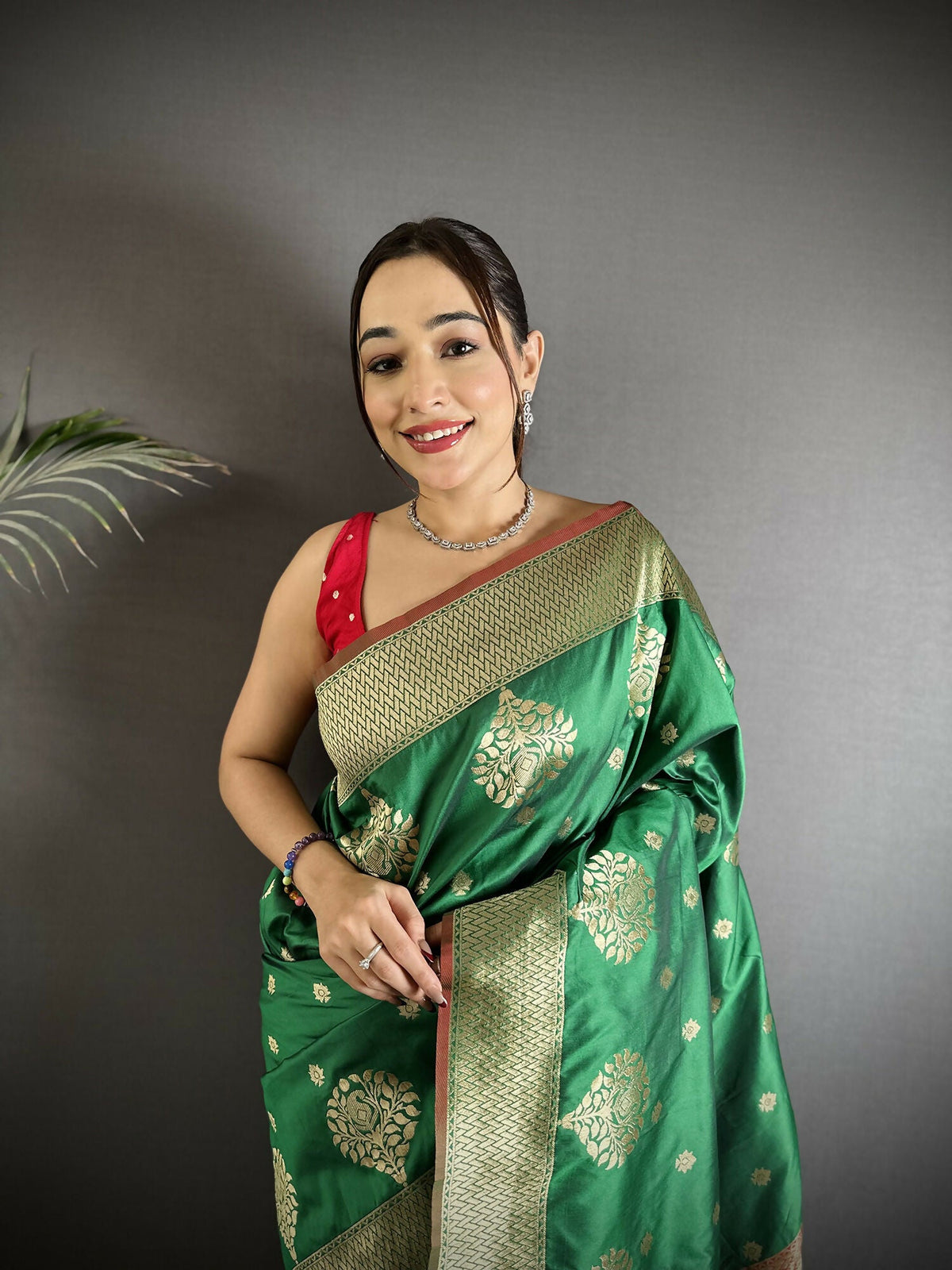 Joban Fashion Bottle Green Woven Butti Soft Silk Banarasi Silk Saree | Grocsy