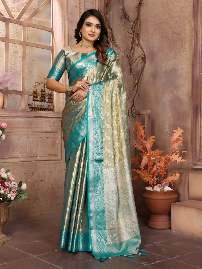 Anaita Blue Tissue Silk With Zari Weaving Saree With Blouse | Grocsy