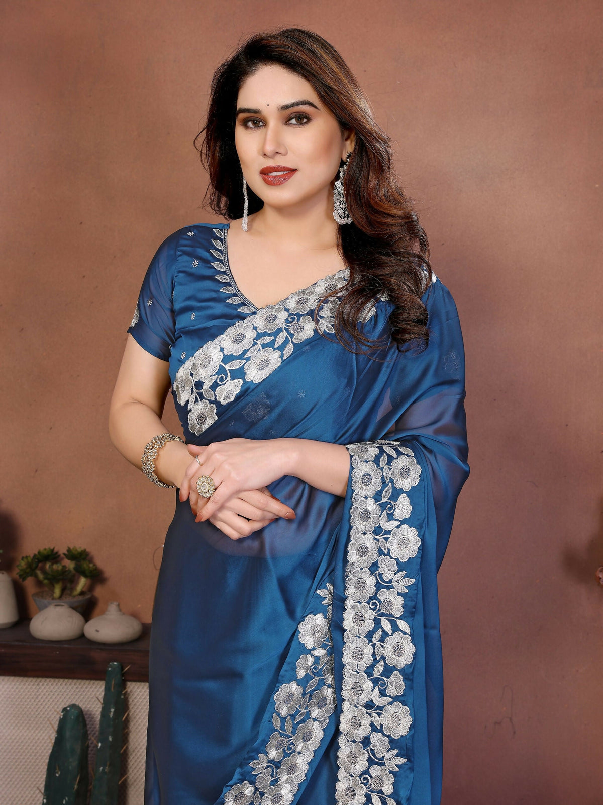 Teeya Creation New Trendy Stylish Party Wear Silk Saree-Blue | Grocsy