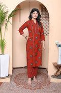 Miravan Womens Rust Animal Printed Three Quarter Sleeves Pure Cotton Kurta With Palazzo | Grocsy