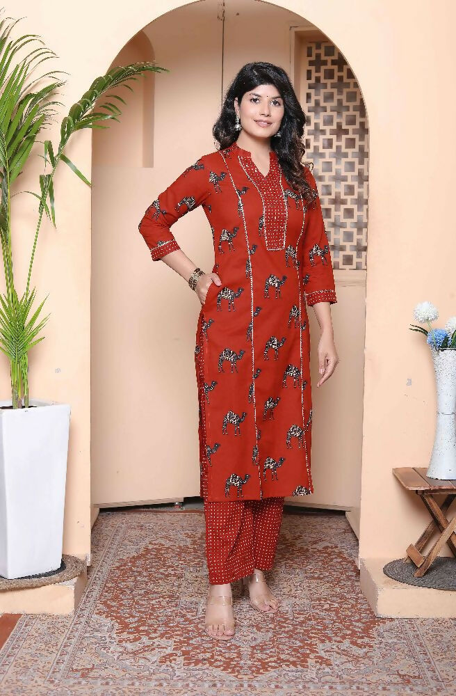 Miravan Womens Rust Animal Printed Three Quarter Sleeves Pure Cotton Kurta With Palazzo | Grocsy