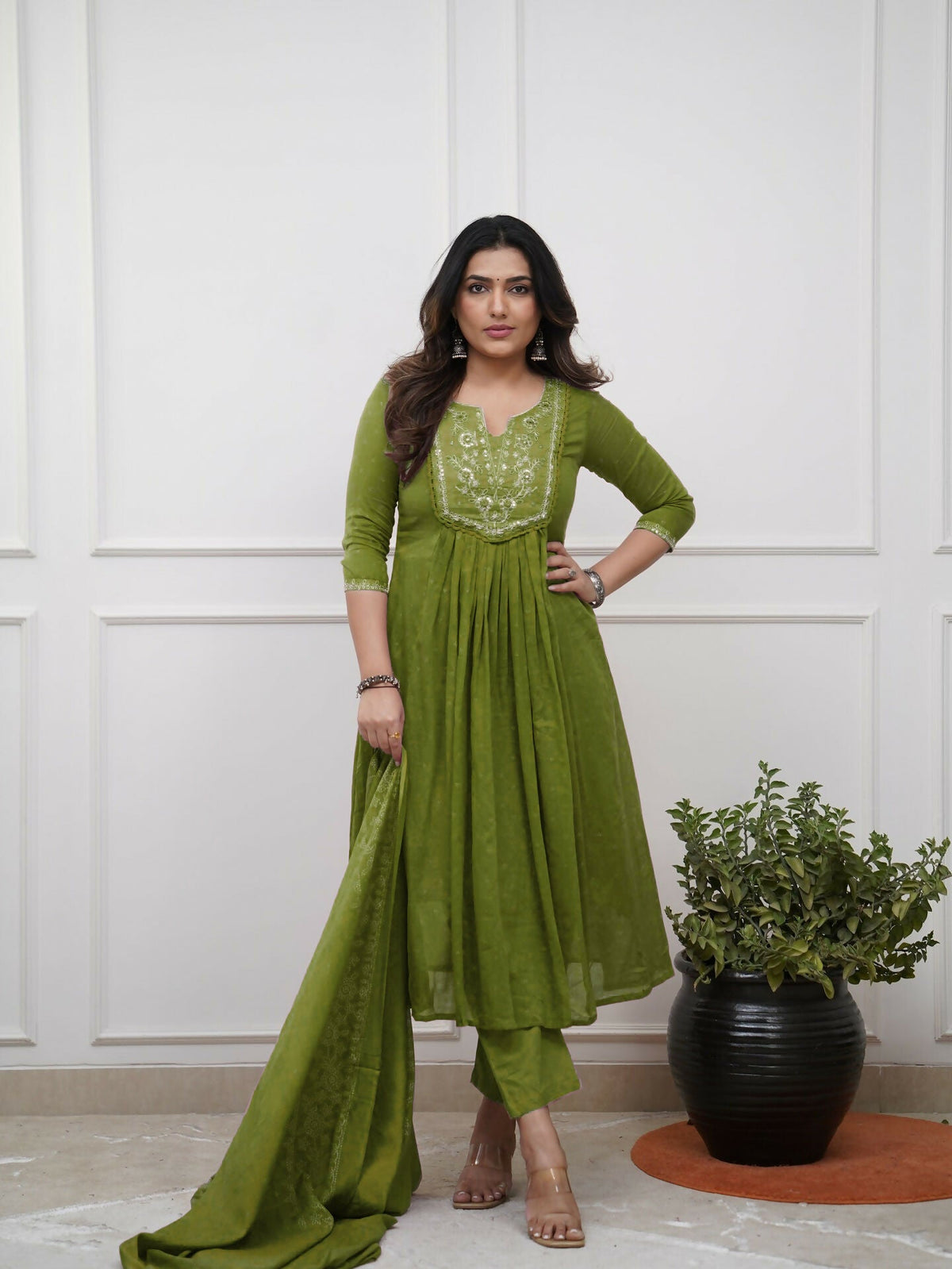 The52 Women's Beautiful Cotton Fabric Embroidery Work Straight Kurta Pant and Dupatta Set | Grocsy