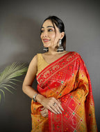 Joban Fashion Yellow And Red Geometric Pattern Soft Silk Patola Saree | Grocsy