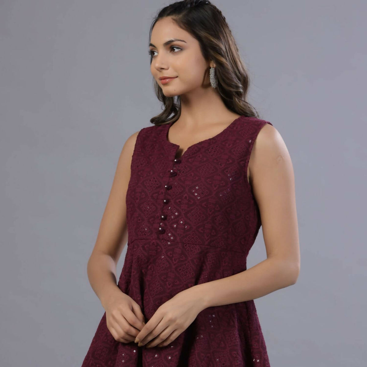 Juniper Women Wine Georgette Embroidered Peplum Tunic | Grocsy