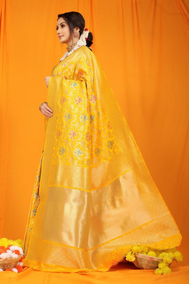 Jyoti Fashion Women's Yellow Kanjivaram Silk Zari Woven Saree with Blouse | Grocsy