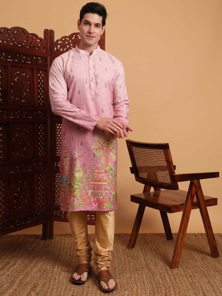 Pink Cotton Printed Chikankari Embroidery Work Kurta - Mahotsav | Grocsy