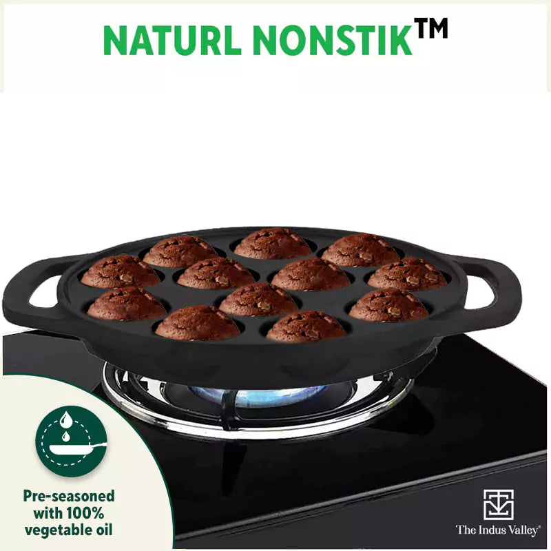 The Indus Valley 12 Pit/Cup CASTrong Cast Iron Kuzhi Paniyaram/Paddu Pan/Appe Maker, Pre-seasoned, 100% Pure, Toxin-free, Spatula, 21 cm, 2.2 kg | Grocsy