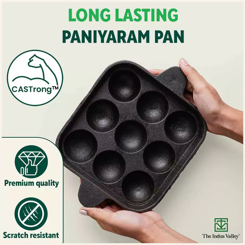 The Indus Valley 9 Pit/Cup CASTrong Cast Iron Paniyaram/Appe Pan+ Spatula, Pre-seasoned, Natural Nonstick, 100% Pure, Toxin-free, 18.2 cm, 1.34 kg | Grocsy