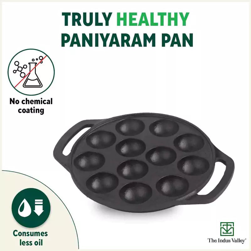 The Indus Valley 12 Pit/Cup CASTrong Cast Iron Kuzhi Paniyaram/Paddu Pan/Appe Maker, Pre-seasoned, 100% Pure, Toxin-free, Spatula, 21 cm, 2.2 kg | Grocsy