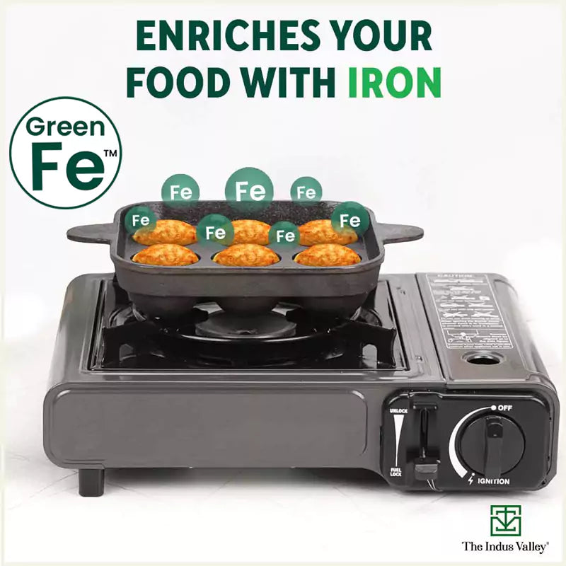 The Indus Valley 9 Pit/Cup CASTrong Cast Iron Paniyaram/Appe Pan+ Spatula, Pre-seasoned, Natural Nonstick, 100% Pure, Toxin-free, 18.2 cm, 1.34 kg | Grocsy