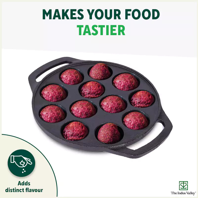 The Indus Valley 12 Pit/Cup CASTrong Cast Iron Kuzhi Paniyaram/Paddu Pan/Appe Maker, Pre-seasoned, 100% Pure, Toxin-free, Spatula, 21 cm, 2.2 kg | Grocsy