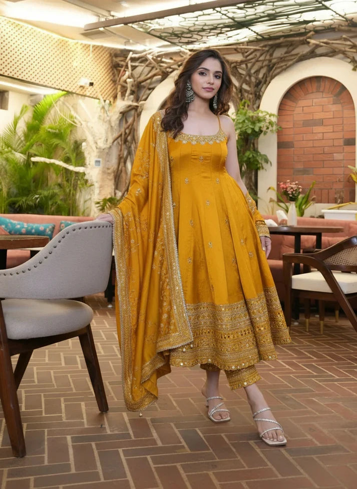 Yash Enterprise Yellow Vichitra Silk Party Wear Embroidery Suit Set | Grocsy