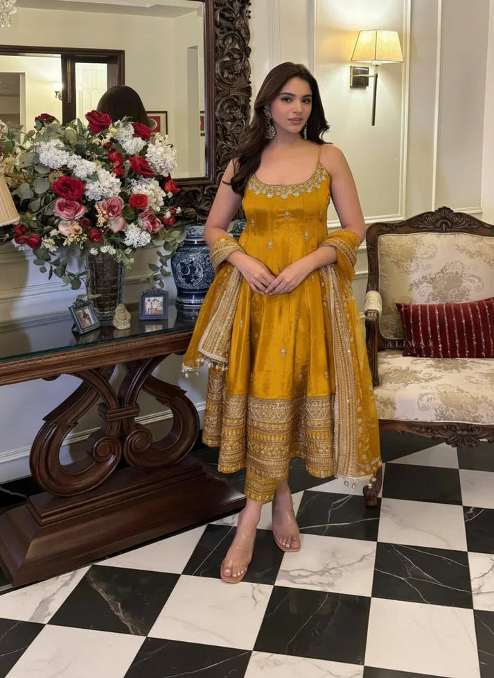 Yash Enterprise Yellow Vichitra Silk Party Wear Embroidery Suit Set | Grocsy