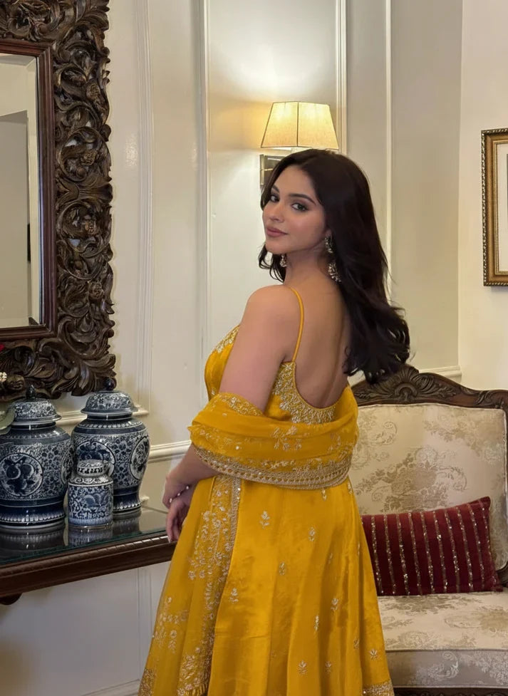 Yash Enterprise Yellow Vichitra Silk Party Wear Embroidery Suit Set | Grocsy