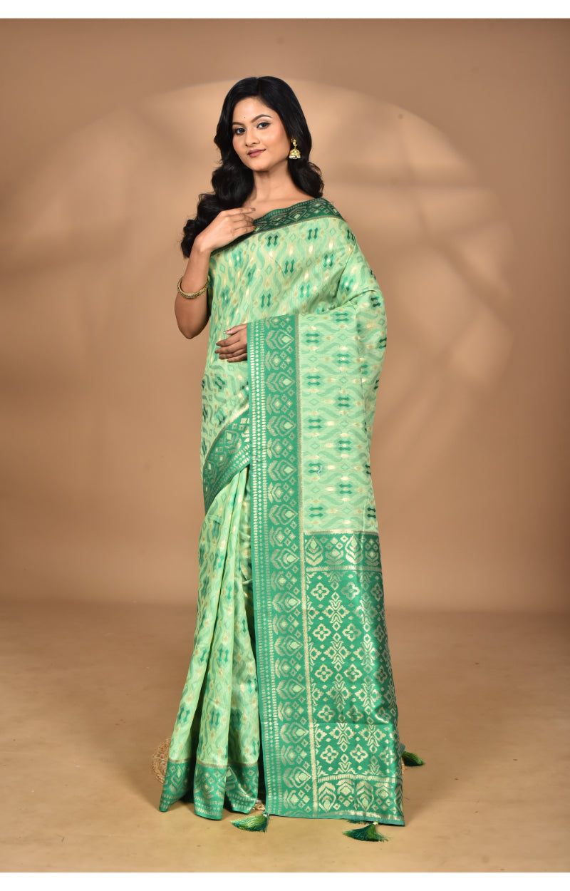 Morchari Women Desgin Kashmiri Silk Linen Saree-Green | Grocsy
