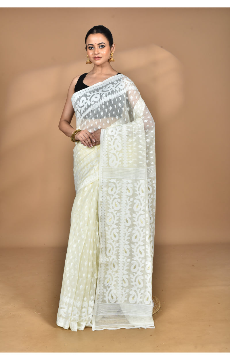 Morchari Pure Cotton Dhakai Jamdani Handloom Saree-Cream | Grocsy
