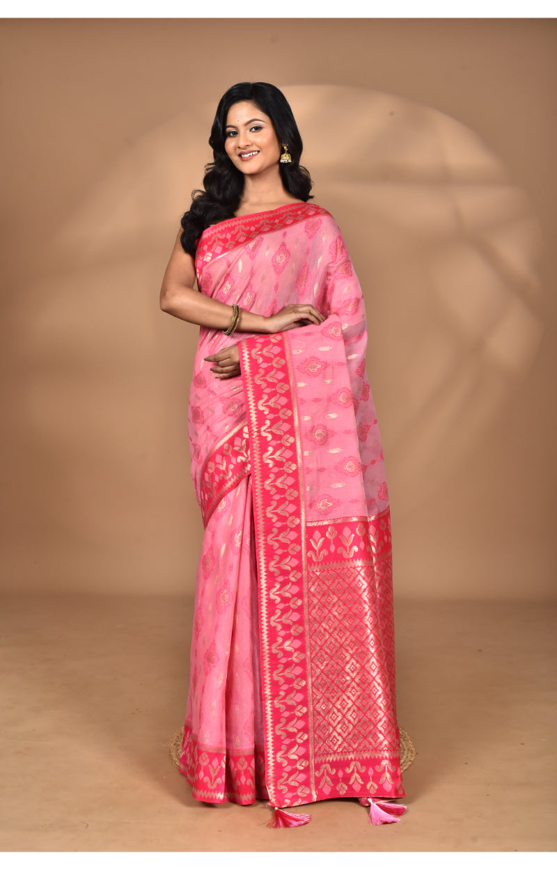 Morchari Women Desgin Kashmiri Silk Linen Saree-Pink | Grocsy
